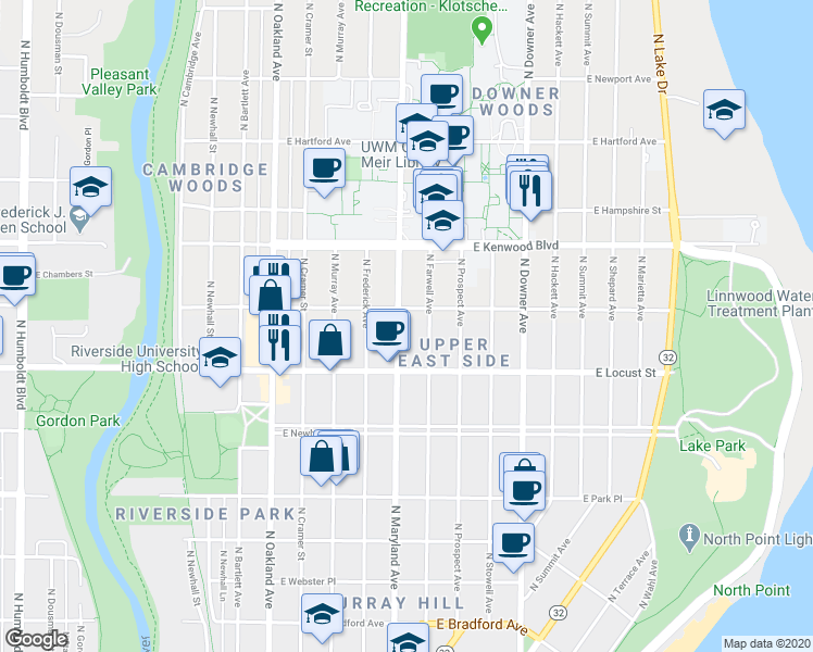 map of restaurants, bars, coffee shops, grocery stores, and more near 2963 North Farwell Avenue in Milwaukee