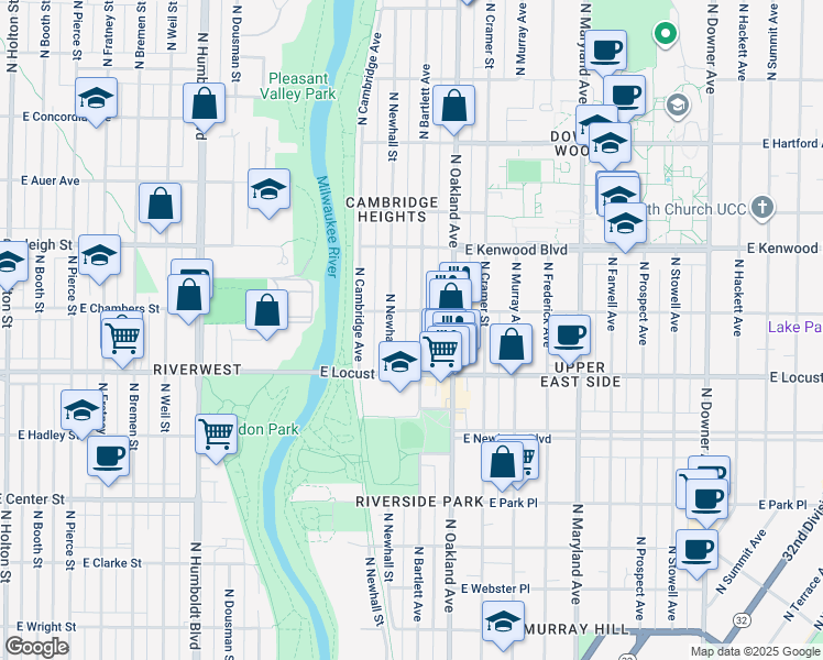 map of restaurants, bars, coffee shops, grocery stores, and more near 2973 North Bartlett Avenue in Milwaukee
