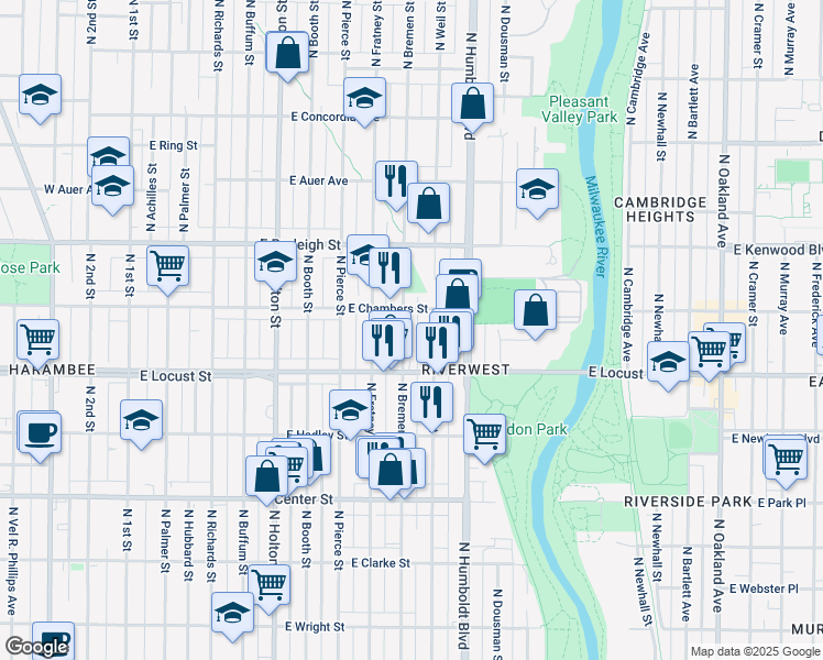map of restaurants, bars, coffee shops, grocery stores, and more near 2962 North Bremen Street in Milwaukee