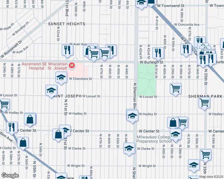 map of restaurants, bars, coffee shops, grocery stores, and more near 2940 North 46th Street in Milwaukee