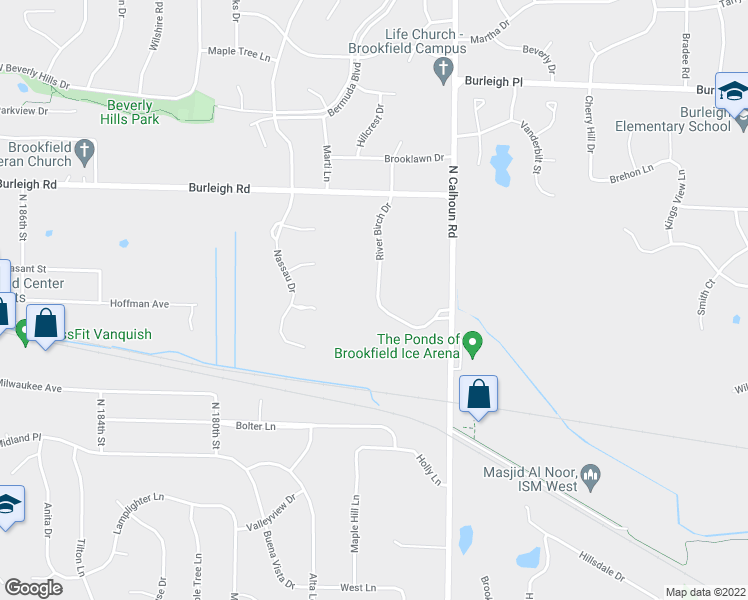 map of restaurants, bars, coffee shops, grocery stores, and more near 2865 River Birch Drive in Brookfield