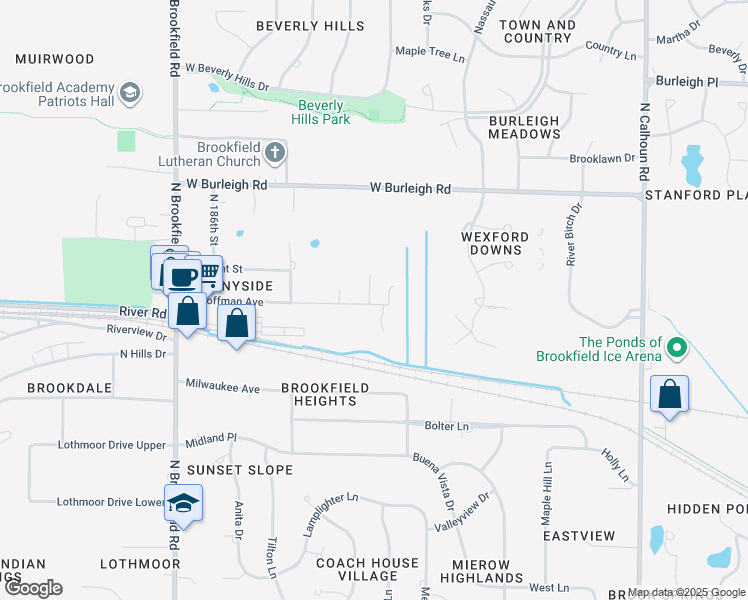 map of restaurants, bars, coffee shops, grocery stores, and more near 18060 Hoffman Avenue in Brookfield
