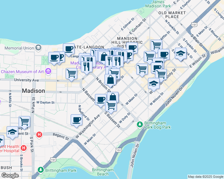 map of restaurants, bars, coffee shops, grocery stores, and more near 335 West Mifflin Street in Madison