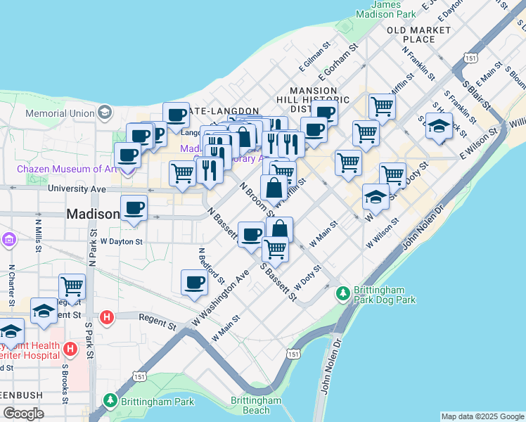 map of restaurants, bars, coffee shops, grocery stores, and more near 403 West Dayton Street in Madison