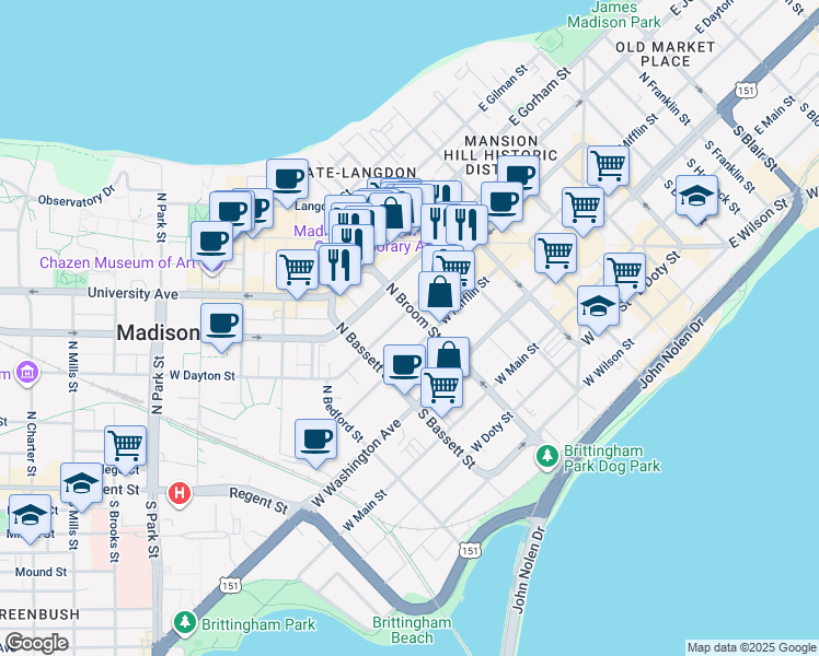 map of restaurants, bars, coffee shops, grocery stores, and more near 403 West Dayton Street in Madison