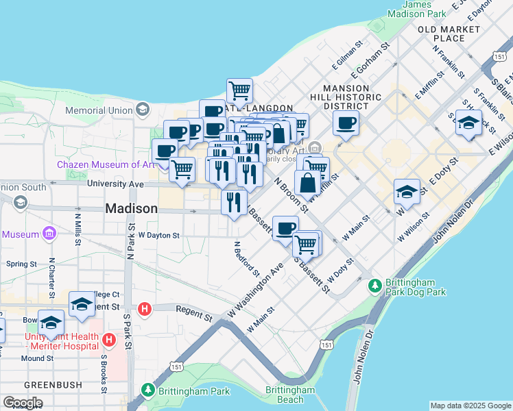 map of restaurants, bars, coffee shops, grocery stores, and more near 433 West Johnson Street in Madison
