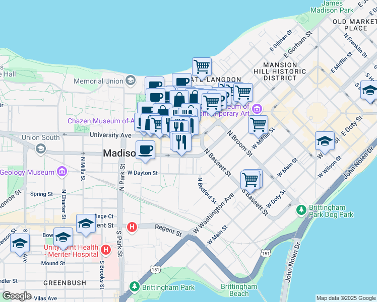map of restaurants, bars, coffee shops, grocery stores, and more near in Madison