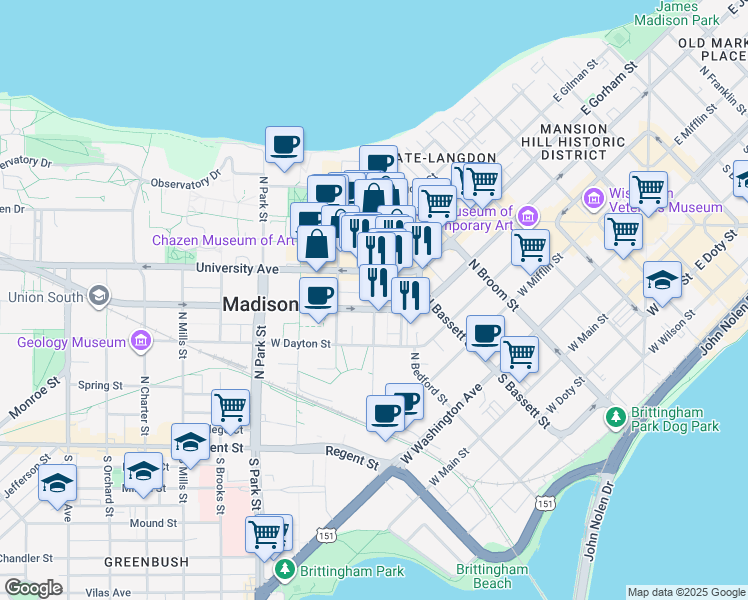 map of restaurants, bars, coffee shops, grocery stores, and more near in Madison
