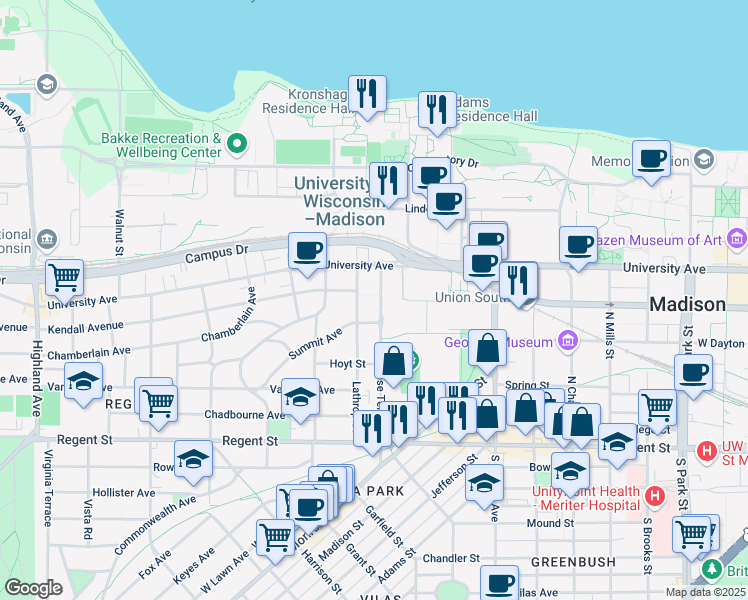map of restaurants, bars, coffee shops, grocery stores, and more near 1550 Engineering Drive in Madison