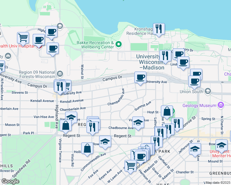 map of restaurants, bars, coffee shops, grocery stores, and more near 2029 University Avenue in Madison