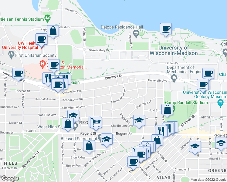 map of restaurants, bars, coffee shops, grocery stores, and more near 2029 University Avenue in Madison