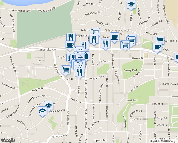 map of restaurants, bars, coffee shops, grocery stores, and more near 601 North Midvale Boulevard in Madison