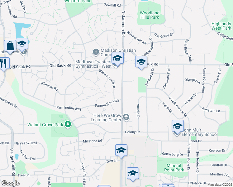 map of restaurants, bars, coffee shops, grocery stores, and more near 401 Walnut Grove Drive in Madison
