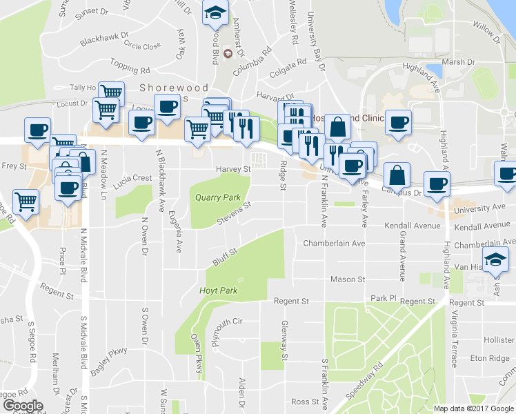 map of restaurants, bars, coffee shops, grocery stores, and more near 2933 Stevens Street in Madison