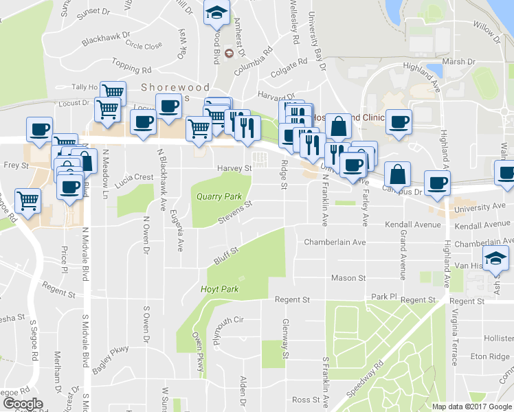 map of restaurants, bars, coffee shops, grocery stores, and more near 2941 Stevens Street in Madison