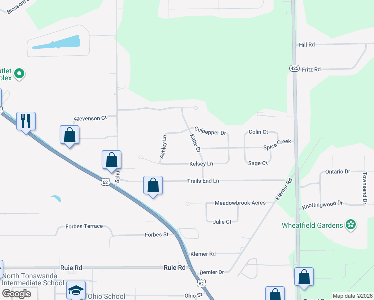 map of restaurants, bars, coffee shops, grocery stores, and more near 7268 Katie Drive in North Tonawanda