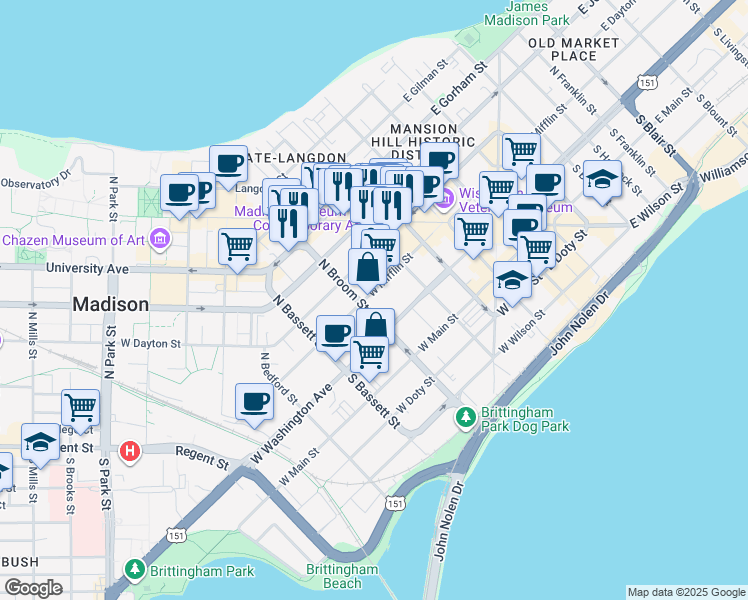 map of restaurants, bars, coffee shops, grocery stores, and more near 335 West Mifflin Street in Madison
