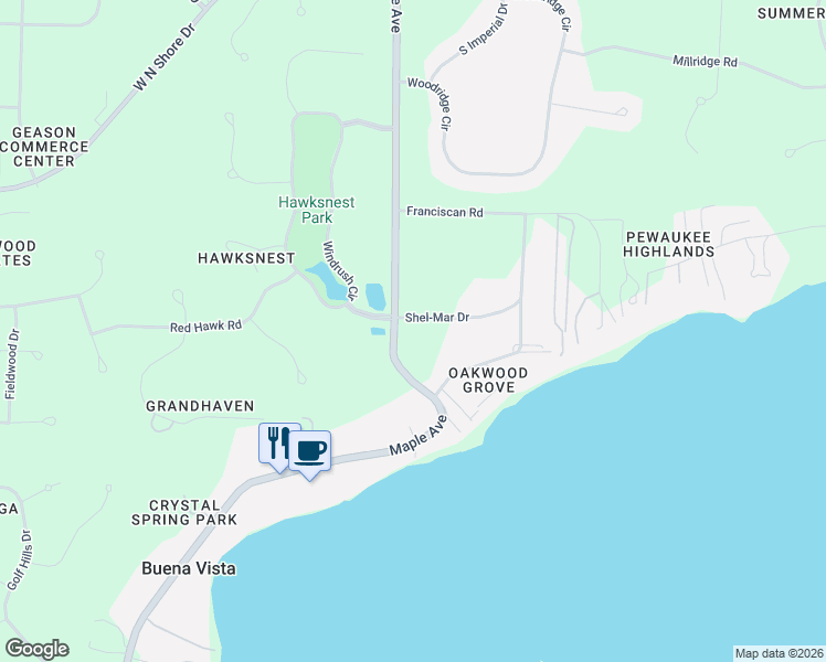 map of restaurants, bars, coffee shops, grocery stores, and more near N29W29951 Shel-Mar Drive in Pewaukee
