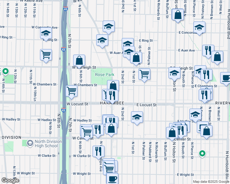 map of restaurants, bars, coffee shops, grocery stores, and more near 2950 North Doctor Martin Luther King Junior Drive in Milwaukee
