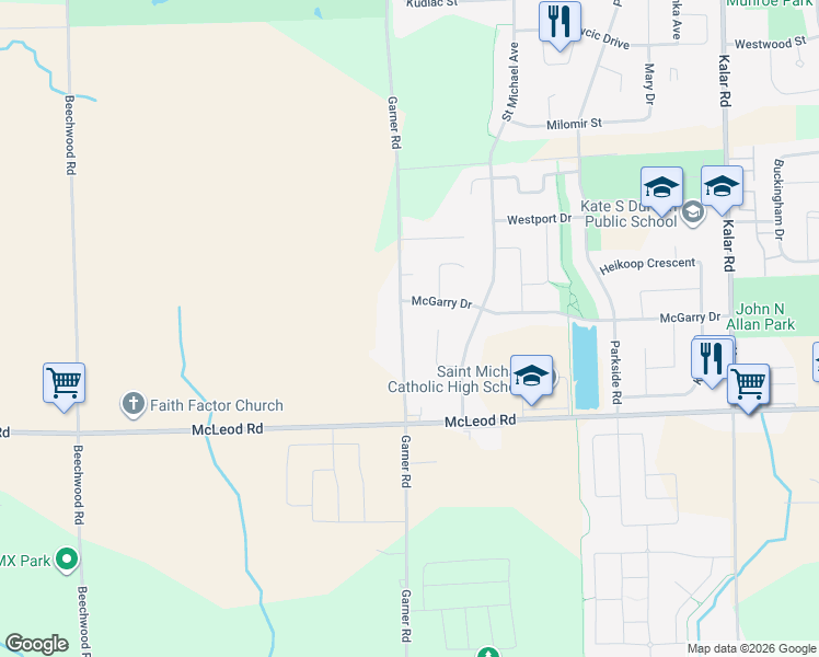 map of restaurants, bars, coffee shops, grocery stores, and more near 7051 Brittany Court in Niagara Falls