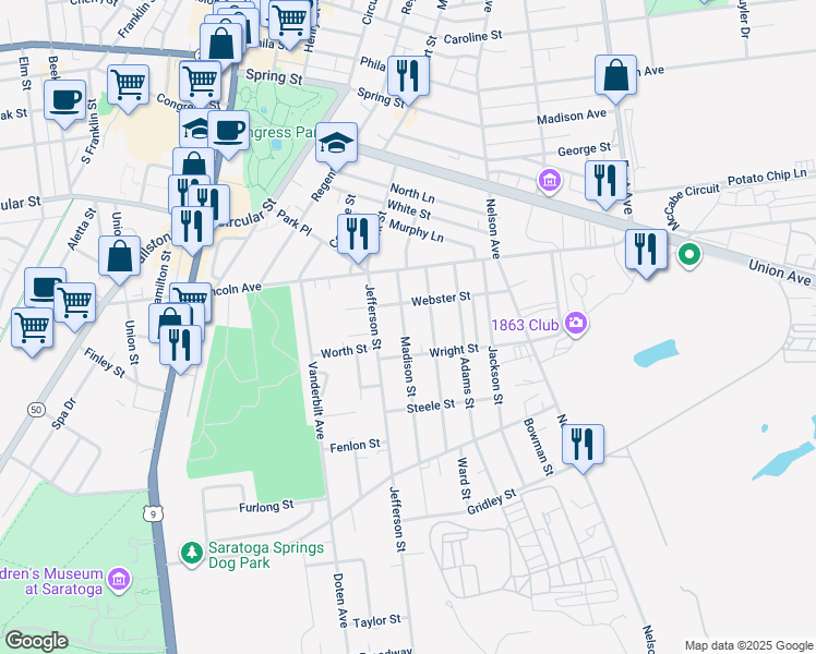map of restaurants, bars, coffee shops, grocery stores, and more near 36 Madison Street in Saratoga Springs