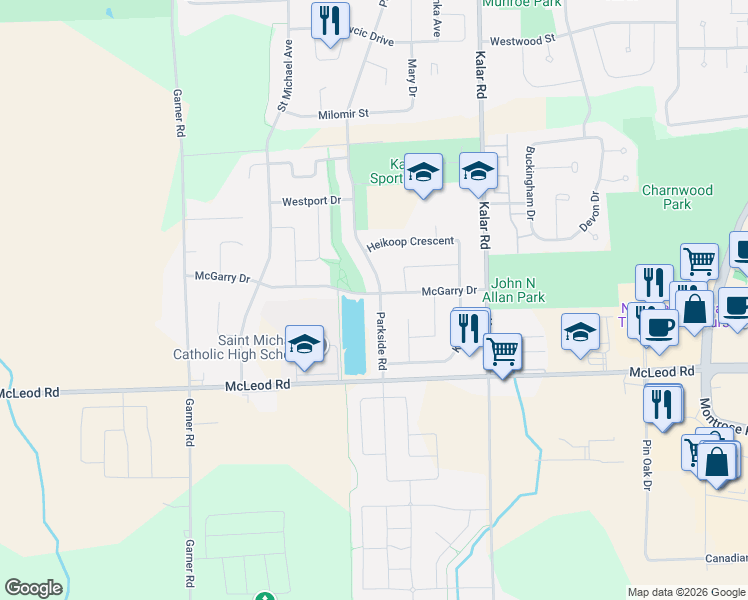 map of restaurants, bars, coffee shops, grocery stores, and more near 8504 McGarry Drive in Niagara Falls