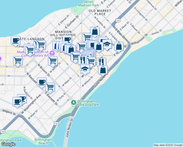 map of restaurants, bars, coffee shops, grocery stores, and more near 210 Martin Luther King Junior Boulevard in Madison