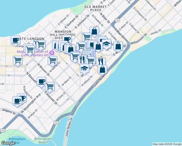 map of restaurants, bars, coffee shops, grocery stores, and more near 210 Martin Luther King Junior Boulevard in Madison