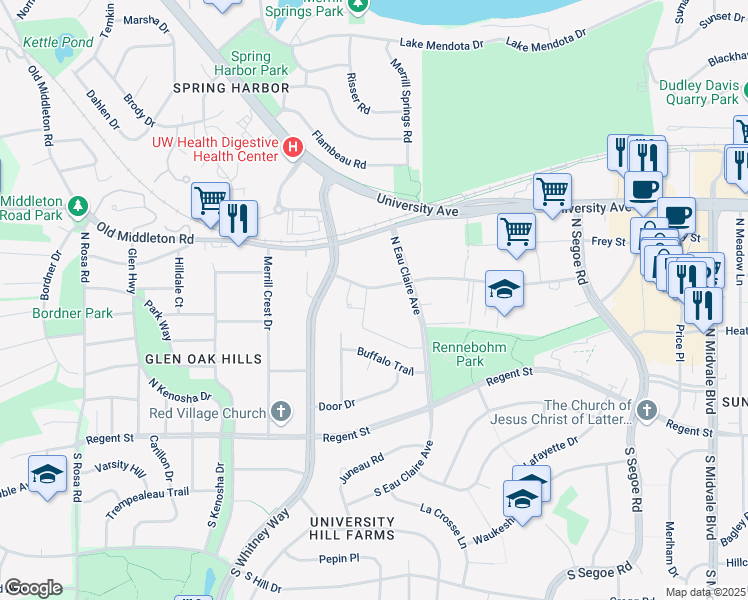 map of restaurants, bars, coffee shops, grocery stores, and more near 5015 Sheboygan Avenue in Madison