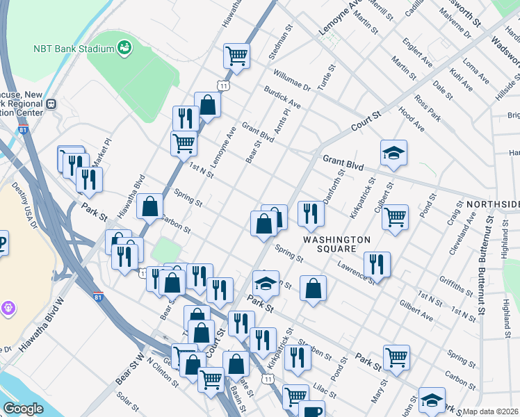 map of restaurants, bars, coffee shops, grocery stores, and more near 1212 1st North Street in Syracuse