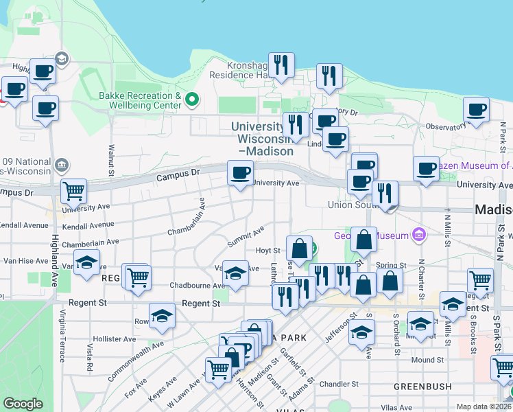 map of restaurants, bars, coffee shops, grocery stores, and more near 306 North Prospect Avenue in Madison