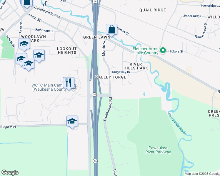 map of restaurants, bars, coffee shops, grocery stores, and more near 324 Morris Street in Pewaukee