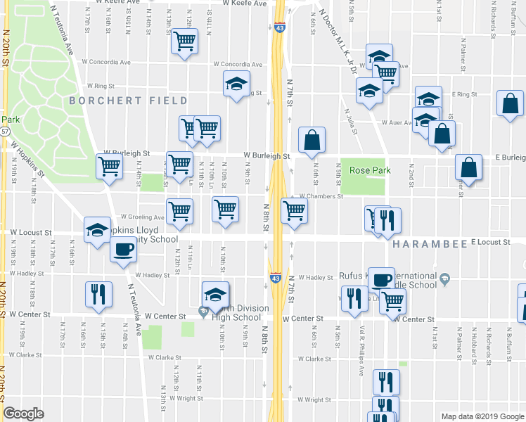 map of restaurants, bars, coffee shops, grocery stores, and more near 2947 North 8th Street in Milwaukee