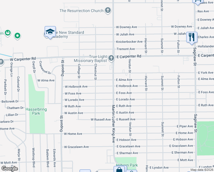 map of restaurants, bars, coffee shops, grocery stores, and more near 210 W Holbrook Ave in Flint