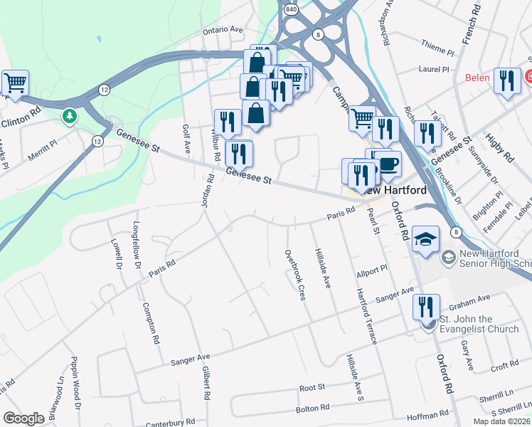 map of restaurants, bars, coffee shops, grocery stores, and more near 62 Paris Road in New Hartford