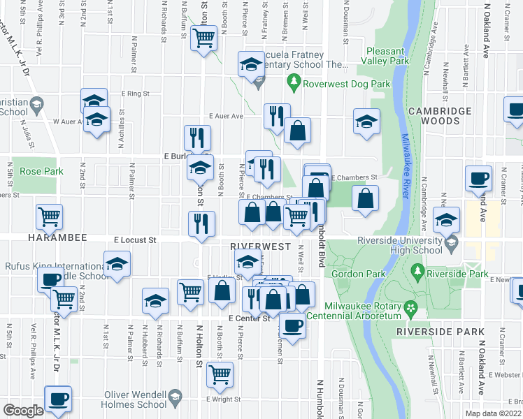 map of restaurants, bars, coffee shops, grocery stores, and more near 2959 N Fratney St in Milwaukee