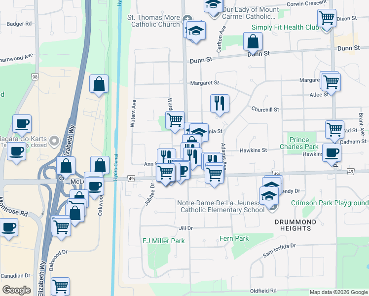 map of restaurants, bars, coffee shops, grocery stores, and more near 7111 Dorchester Road in Niagara Falls