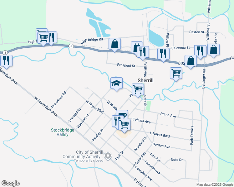 map of restaurants, bars, coffee shops, grocery stores, and more near 217 Kinsley Street in Sherrill