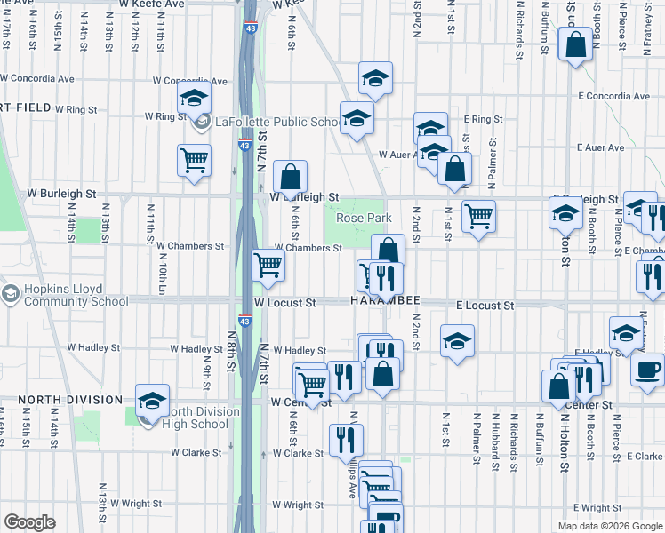 map of restaurants, bars, coffee shops, grocery stores, and more near 2948 North 5th Street in Milwaukee