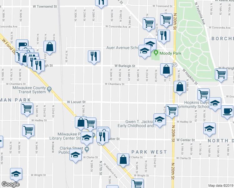 map of restaurants, bars, coffee shops, grocery stores, and more near 2937 North 25th Street in Milwaukee