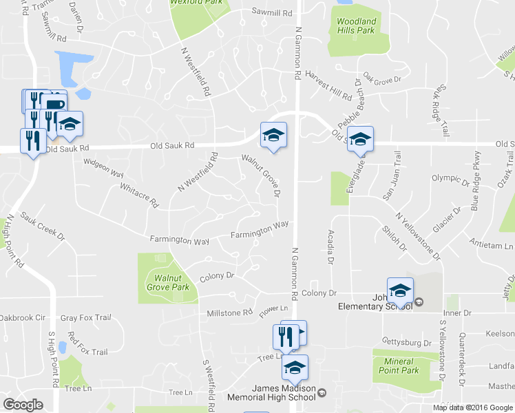 map of restaurants, bars, coffee shops, grocery stores, and more near 30 Stone Crest Circle in Madison