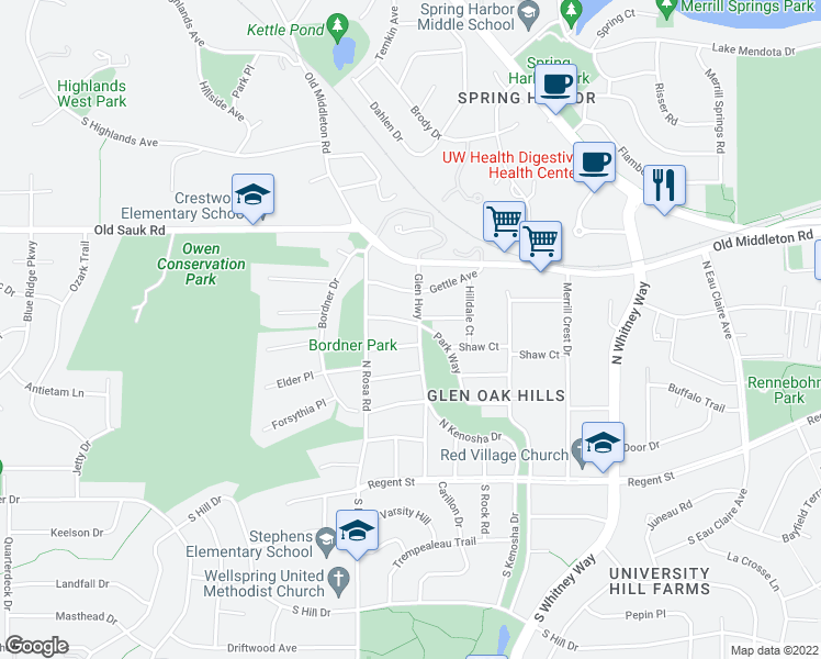 map of restaurants, bars, coffee shops, grocery stores, and more near 410 Glen Highway in Madison