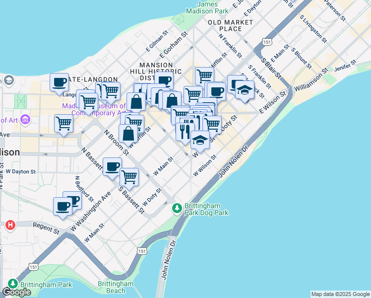 map of restaurants, bars, coffee shops, grocery stores, and more near 121 West Main Street in Madison