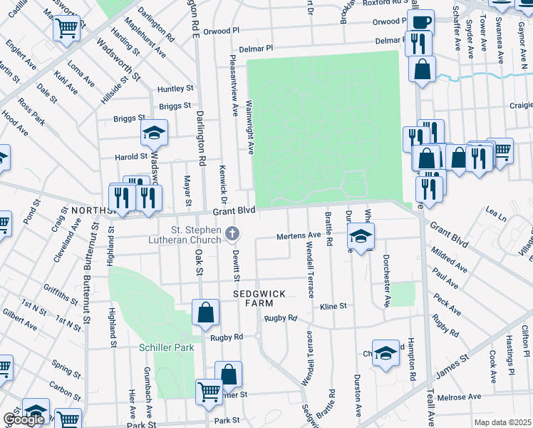 map of restaurants, bars, coffee shops, grocery stores, and more near 1135 Grant Boulevard in Syracuse