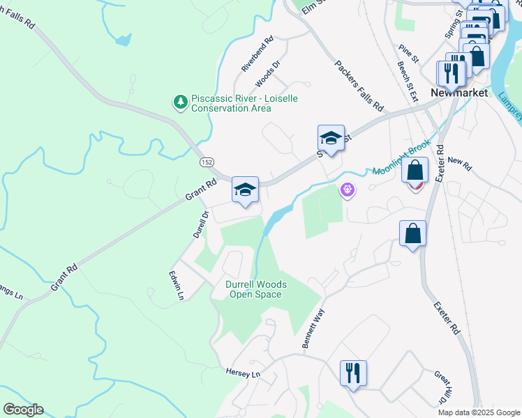 map of restaurants, bars, coffee shops, grocery stores, and more near 239 South Main Street in Newmarket