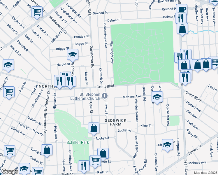 map of restaurants, bars, coffee shops, grocery stores, and more near 1207 Grant Boulevard in Syracuse