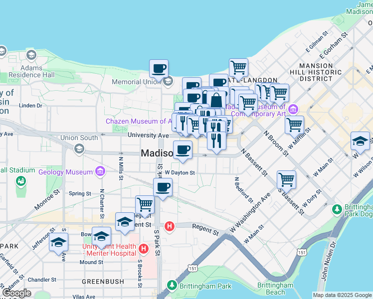 map of restaurants, bars, coffee shops, grocery stores, and more near 311 East Campus Mall in Madison