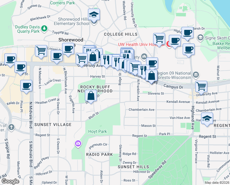 map of restaurants, bars, coffee shops, grocery stores, and more near 2915 Stevens Street in Madison
