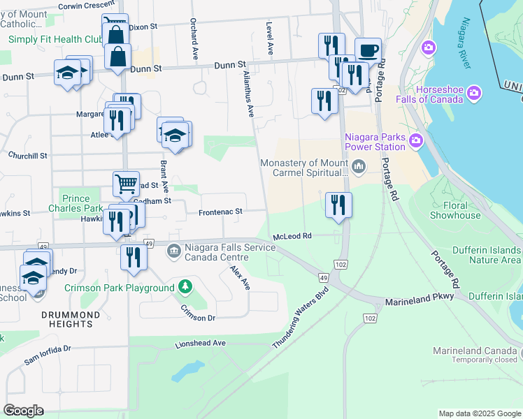 map of restaurants, bars, coffee shops, grocery stores, and more near 5785 Frontenac Street in Niagara Falls