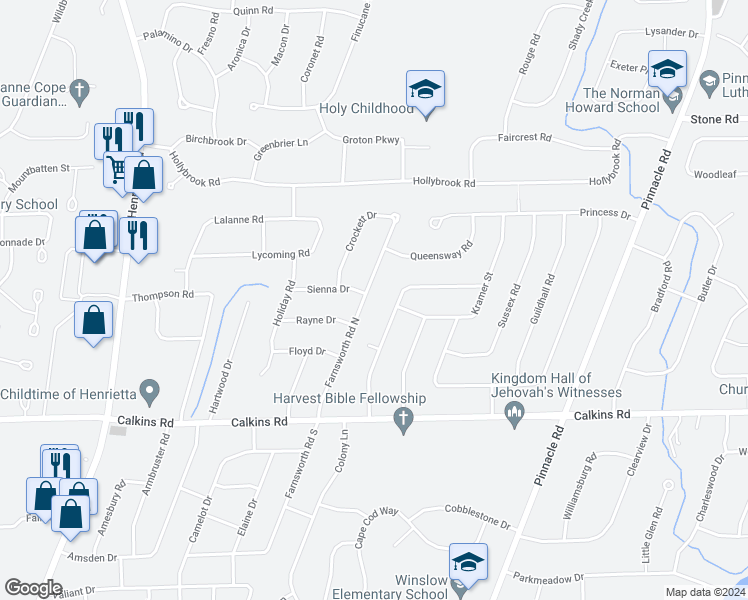 map of restaurants, bars, coffee shops, grocery stores, and more near 112 Farnsworth Road North in Rochester